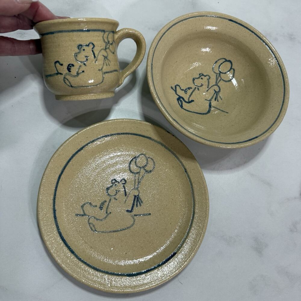 Stoneware Children’s Dish Set 3pc Bear with Balloons Salt Glaze Signed YSP 1990